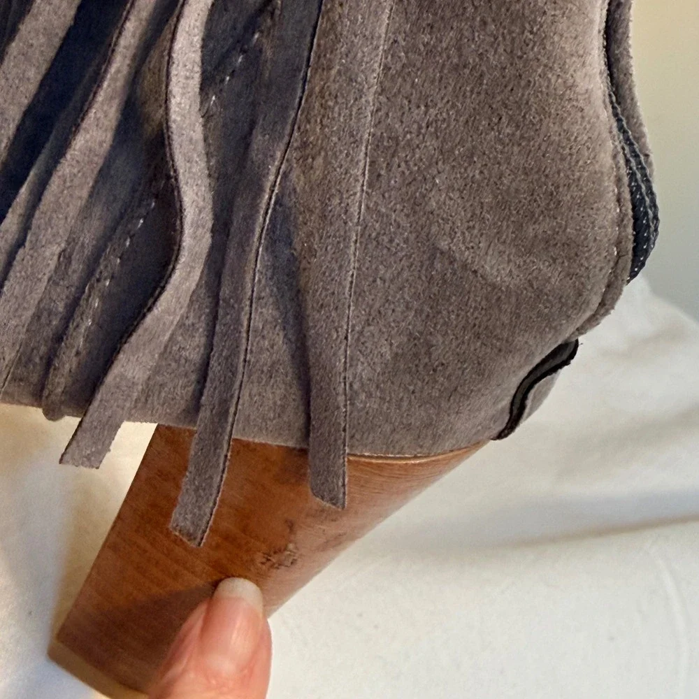 Unbranded Fringe Suede Ankle‎ Boots Size 7 Gray Block Heel Lug Sole Boho Zip